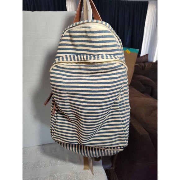Madden Girl‎ Backpack Blue & Cream Stripe With Brown Trim Large - Picture 11 of 11